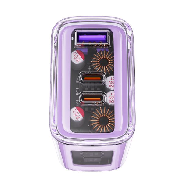 GAN 65W tīkla lādētājs 3 porti 1X USB 2X USB-C PURPLE