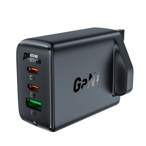 Tīkla lādētājs angļu spraudnis GAN 65W 1X USB 2X USB-C PD Black