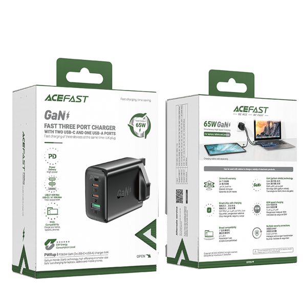 Tīkla lādētājs angļu spraudnis GAN 65W 1X USB 2X USB-C PD Black