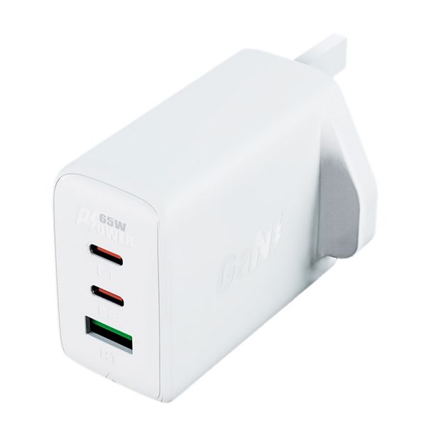 Tīkla lādētāja angļu spraudnis GAN 65W 1X USB 2X USB-C PD White