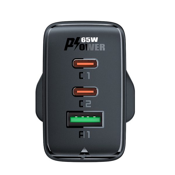 Tīkla lādētāja angļu spraudnis GAN 65W 1X USB 2X USB-C PD White