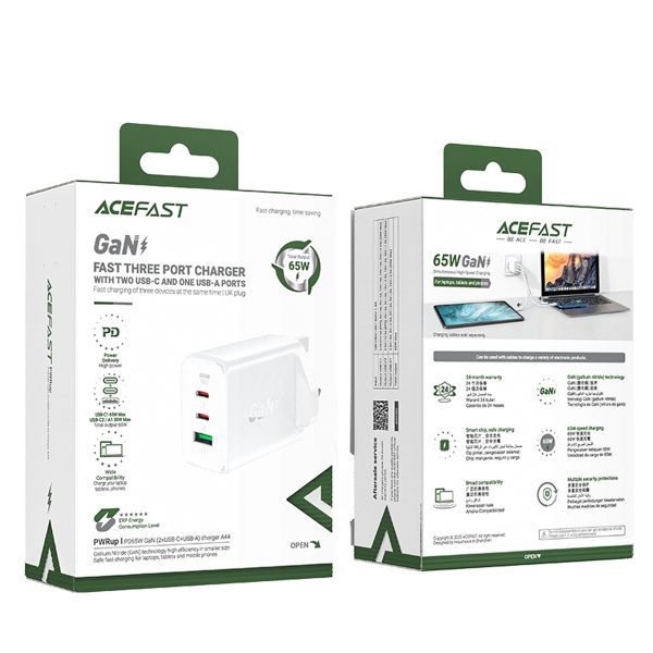 Tīkla lādētāja angļu spraudnis GAN 65W 1X USB 2X USB-C PD White