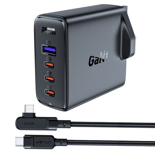 2in1 kabelis un ātrs lādētājs Gan angļu spraudnis uk 100w PD 3X USB-C USB Black
