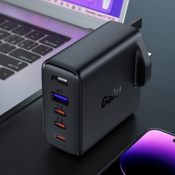 2in1 kabelis un ātrs lādētājs Gan angļu spraudnis uk 100w PD 3X USB-C USB Black