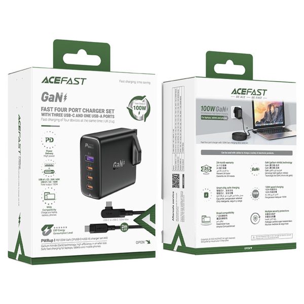 2in1 kabelis un ātrs lādētājs Gan angļu spraudnis uk 100w PD 3X USB-C USB Black