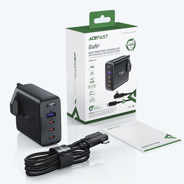 2in1 kabelis un ātrs lādētājs Gan angļu spraudnis uk 100w PD 3X USB-C USB Black