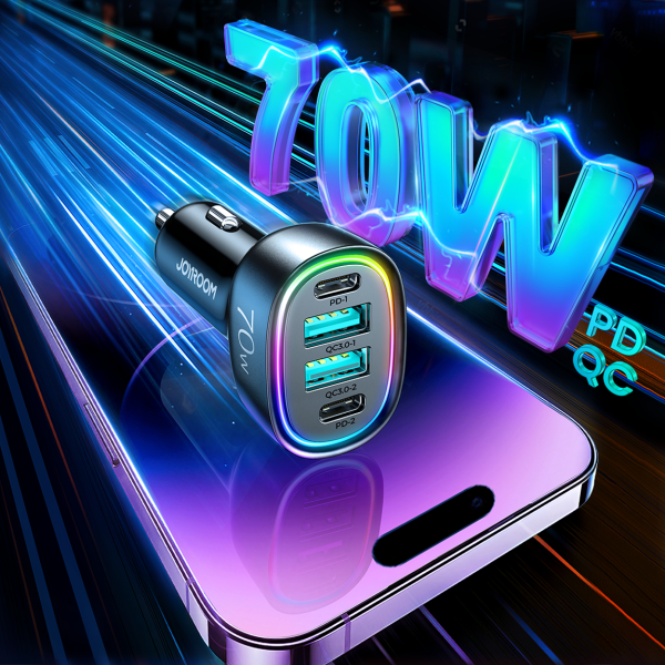 70W automašīnas lādētājs ar 4 Portam 2x USB-C PD 2X USB QC Black
