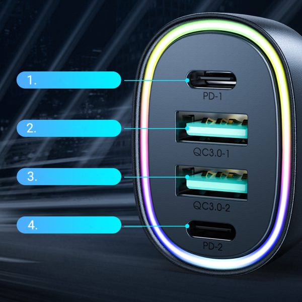 70W automašīnas lādētājs ar 4 Portam 2x USB-C PD 2X USB QC Black
