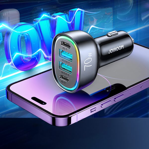 70W automašīnas lādētājs ar 4 Portam 2x USB-C PD 2X USB QC Black