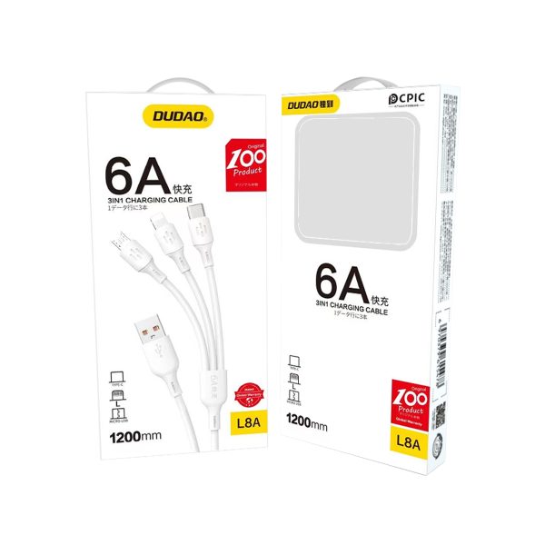 3in1 USB-A kabelis USB-C Micro USB iPhone Lightning 480MB/s 1,2m baltajam baltam