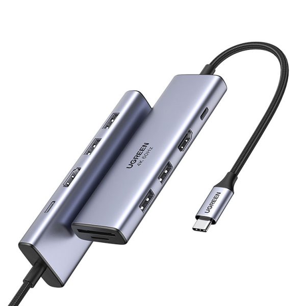 6in1 daudzfunkcionāls USB-C HUB-2X USB HDMI 4K SD un TF USB-C PD 100W pelēkās kartes lasītājs