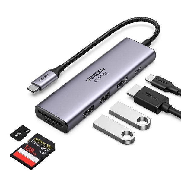 6in1 daudzfunkcionāls USB-C HUB-2X USB HDMI 4K SD un TF USB-C PD 100W pelēkās kartes lasītājs