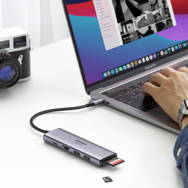 6in1 daudzfunkcionāls USB-C HUB-2X USB HDMI 4K SD un TF USB-C PD 100W pelēkās kartes lasītājs
