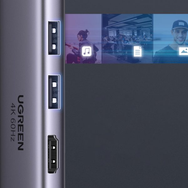 6in1 daudzfunkcionāls USB-C HUB-2X USB HDMI 4K SD un TF USB-C PD 100W pelēkās kartes lasītājs