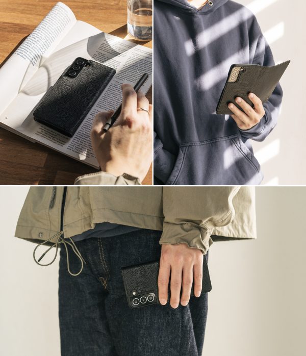 Ādas korpusa apvalks ar atloku Galaxy S22+ folio paraksts melns