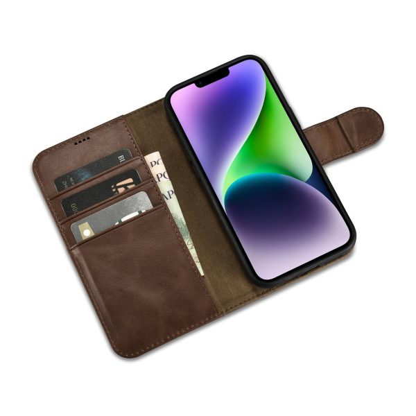 2in1 korpusa ādas apvalks ar iPhone 14 anti-RFID eļļas vaska maku lietu tumši brūns