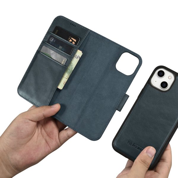 2in1 korpusa ādas apvalks ar iPhone 14 anti-RFID eļļas vaska maka korpuss zilā krāsā