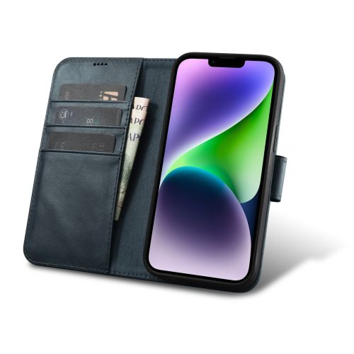 2in1 korpusa ādas apvalks ar iPhone 14 anti-RFID eļļas vaska maka korpuss zilā krāsā