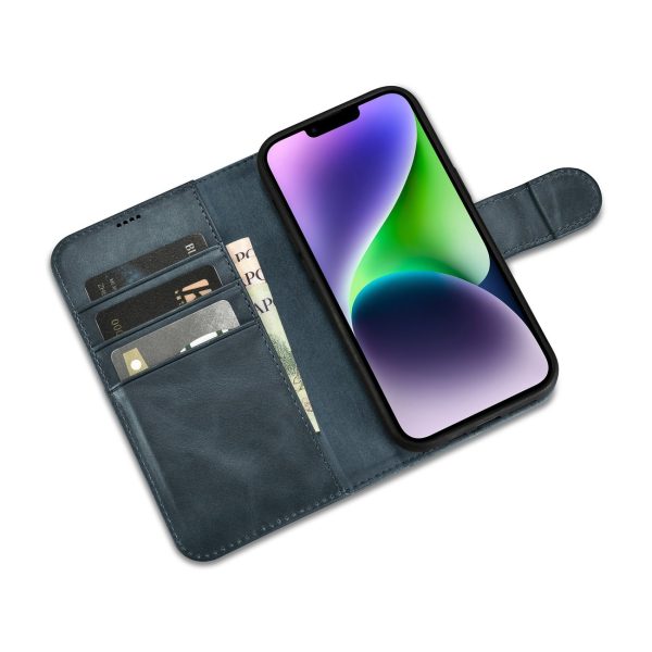 2in1 korpusa ādas apvalks ar iPhone 14 anti-RFID eļļas vaska maka korpuss zilā krāsā