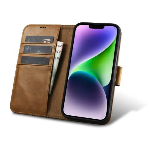 2in1 ādas korpuss ar iPhone 14 anti-RFID eļļas vaska maka korpuss gaiši brūns
