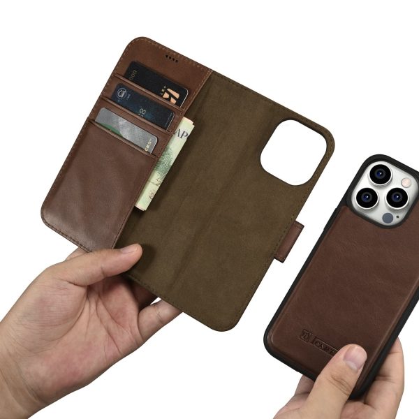 2in1 ādas korpuss ar iPhone 14 Pro anti-RFID Eļļas vaska maka korpuss tumši brūns