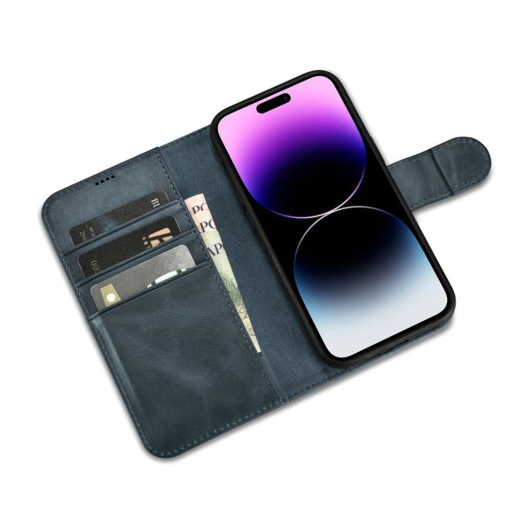 2in1 korpusa ādas apvalks ar iPhone 14 Pro anti-RFID Eļļas vaska maka korpuss zils