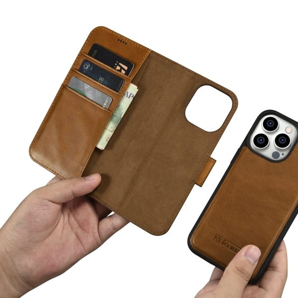 2in1 ādas korpuss ar iPhone 14 Pro anti-RFID Eļļas vaska maka korpuss gaiši brūns
