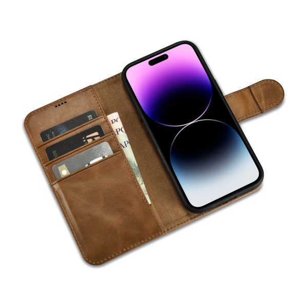 2in1 ādas korpuss ar iPhone 14 Pro anti-RFID Eļļas vaska maka korpuss gaiši brūns