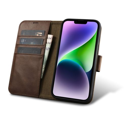 2in1 ādas korpuss ar iPhone 14 Plus anti-RFID Eļļas vaska maka lietu tumši brūns