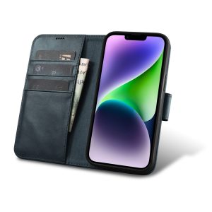2in1 korpusa ādas apvalks ar iPhone 14 Plus anti-RFID eļļas vaska maka korpuss zilā krāsā