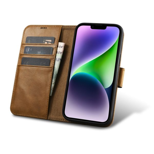 2in1 ādas korpuss ar iPhone 14 Plus anti-RFID Eļļas vaska maka korpuss gaiši brūns