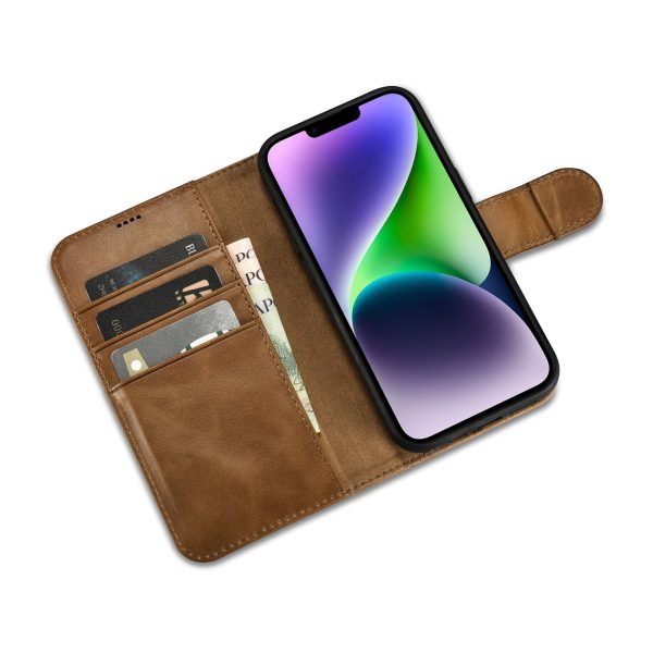 2in1 ādas korpuss ar iPhone 14 Plus anti-RFID Eļļas vaska maka korpuss gaiši brūns