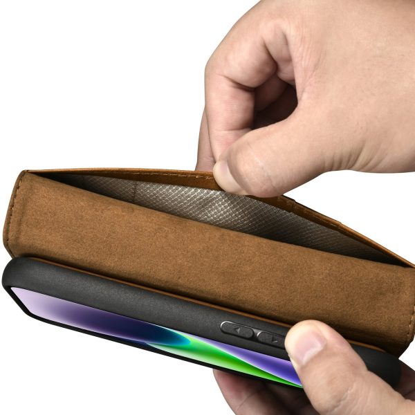 2in1 ādas korpuss ar iPhone 14 Plus anti-RFID Eļļas vaska maka korpuss gaiši brūns