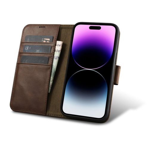 2in1 ādas korpuss ar iPhone 14 Pro Max anti-RFID Eļļas vaska maka maciņš tumši brūns