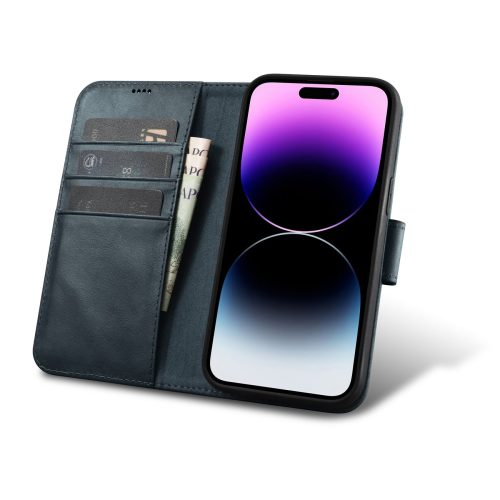 2in1 ādas korpuss ar iPhone 14 Pro Max anti-RFID Eļļas vaska maka korpuss zils