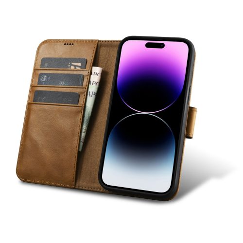 2in1 ādas korpuss ar iPhone 14 Pro Max anti-RFID Eļļas vaska maka lietu gaiši brūns