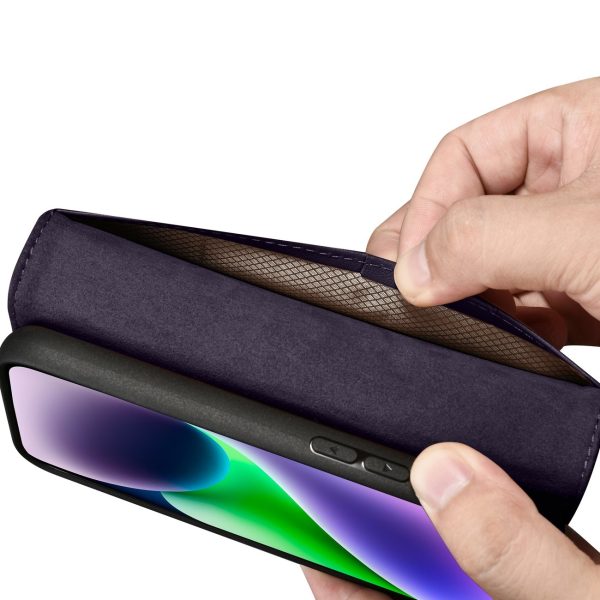 2in1 korpusa ādas apvalks ar iPhone 14 anti-RFID maka korpuss tumši purpursarkanā krāsā