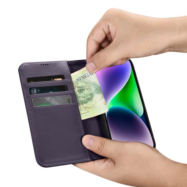 2in1 korpusa ādas apvalks ar iPhone 14 anti-RFID maka korpuss tumši purpursarkanā krāsā