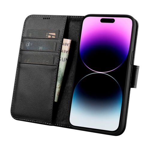 2in1 ādas korpuss ar iPhone 14 Pro anti-RFID maka korpuss melns