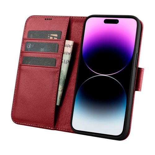 2in1 ādas korpuss ar iPhone 14 Pro anti-RFID maka korpuss sarkans