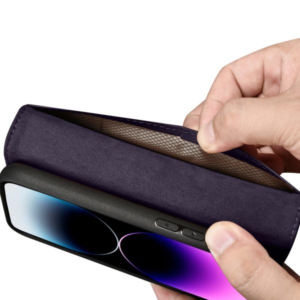 2in1 korpusa ādas apvalks ar iPhone 14 Pro anti-RFID maka korpuss tumši violets