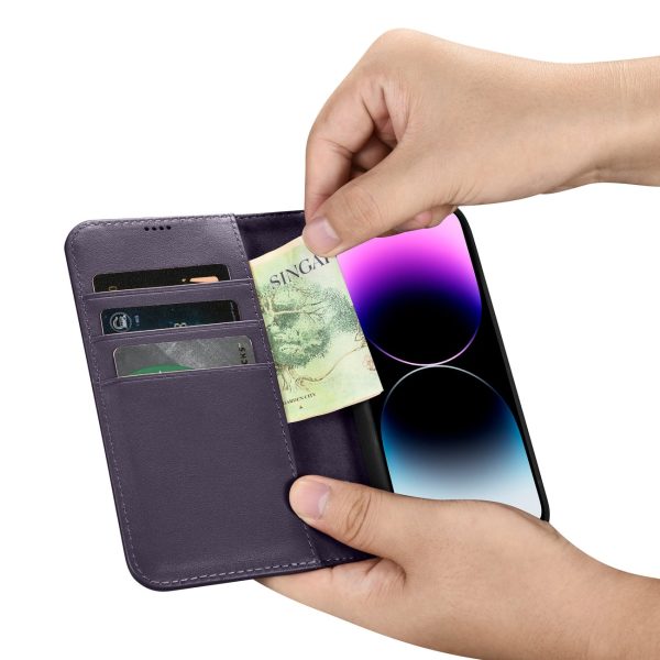 2in1 korpusa ādas apvalks ar iPhone 14 Pro anti-RFID maka korpuss tumši violets