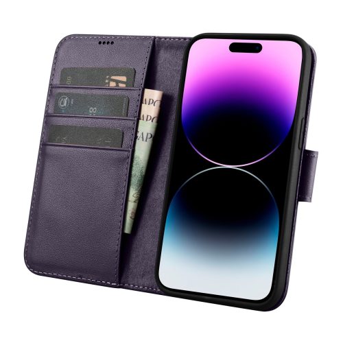 2in1 korpusa ādas apvalks ar iPhone 14 Pro anti-RFID maka korpuss tumši violets