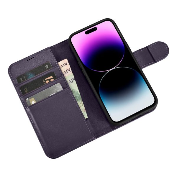 2in1 korpusa ādas apvalks ar iPhone 14 Pro anti-RFID maka korpuss tumši violets