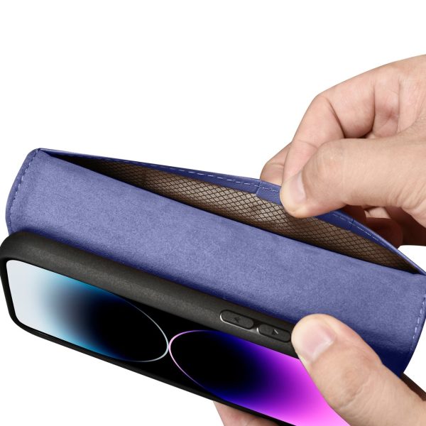2in1 ādas korpuss ar iPhone 14 Pro anti-RFID maka korpuss gaiši purpursarkanā krāsā.