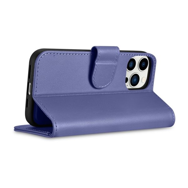 2in1 ādas korpuss ar iPhone 14 Pro anti-RFID maka korpuss gaiši purpursarkanā krāsā.