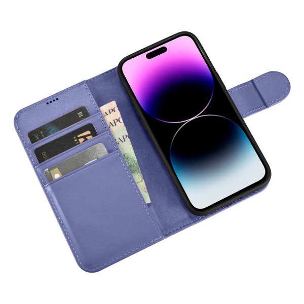 2in1 ādas korpuss ar iPhone 14 Pro anti-RFID maka korpuss gaiši purpursarkanā krāsā.
