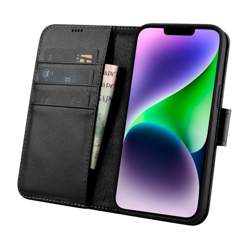 2in1 ādas korpuss ar iPhone 14 Plus anti-RFID maka korpuss melns atloks