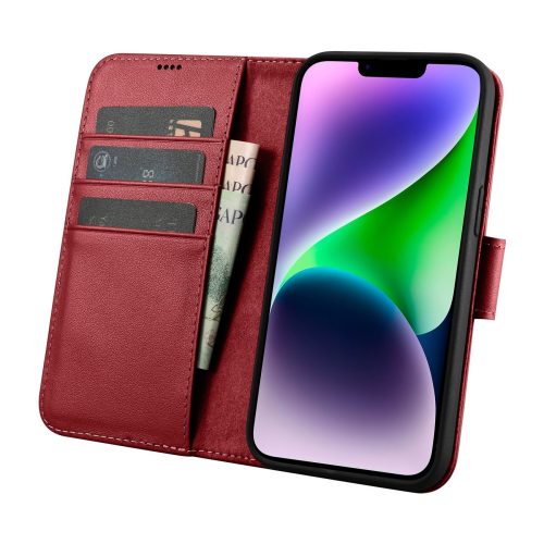 2in1 ādas korpuss ar iPhone 14 Plus anti-RFID maka korpuss sarkans