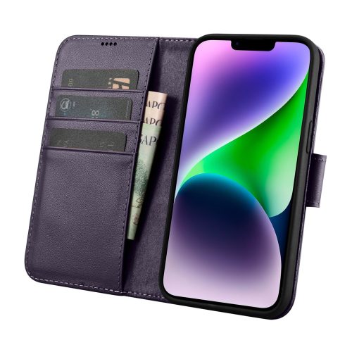 2in1 ādas korpuss ar iPhone 14 Plus anti-RFID maka lietu tumši purpursarkanā krāsā